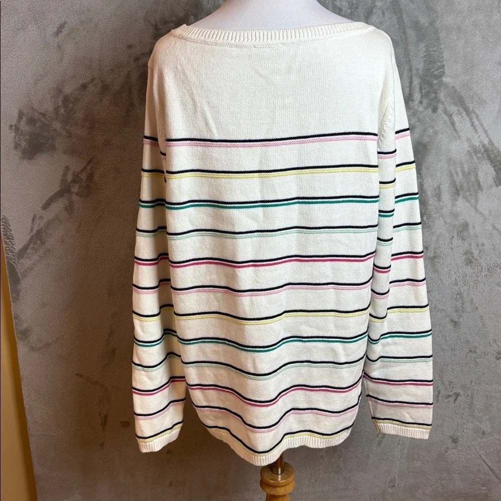 Talbots Cotton Sweater L White Multicolor Stripe Coastal Preppy Chic